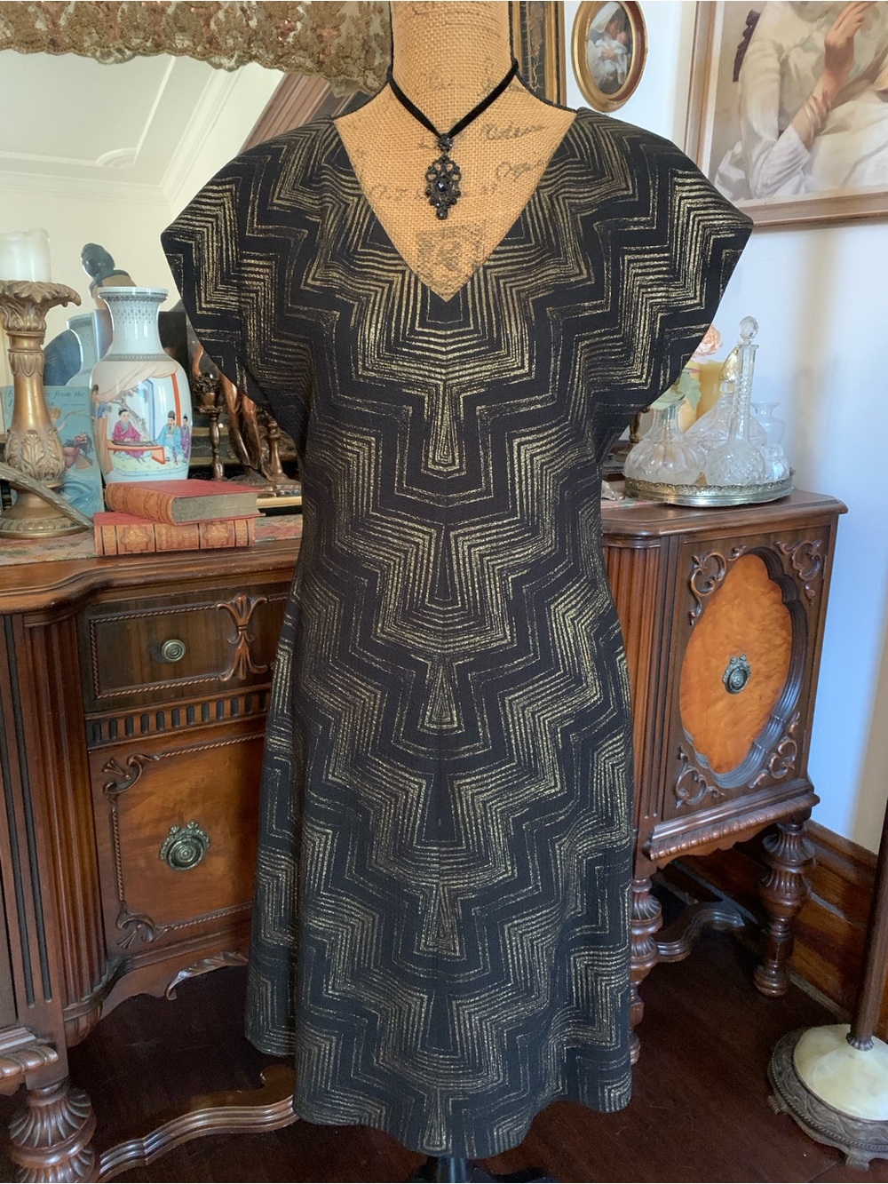 Vintage Art Deco-inspo 40’s/50’s-inspo Black/Gold Geometric Cocktail Dress NEW!